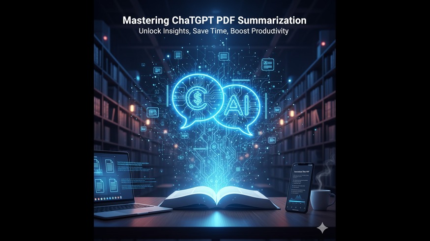 A highly conceptual image illustrating the integration of AI and knowledge processing. A brightly glowing, open book sits on a desk in a dark library setting, emitting a central blue circuit board design that connects a laptop on the left and a smartphone on the right. Above the book, two glowing chat bubbles containing the currency symbol (representing cost/value) and the letters 'AI' symbolize the mastery of using AI tools like ChatGPT. Text overlay reads: 'Mastering ChatGPT PDF Summarization: Unlock Insights, Save Time, Boost Productivity.